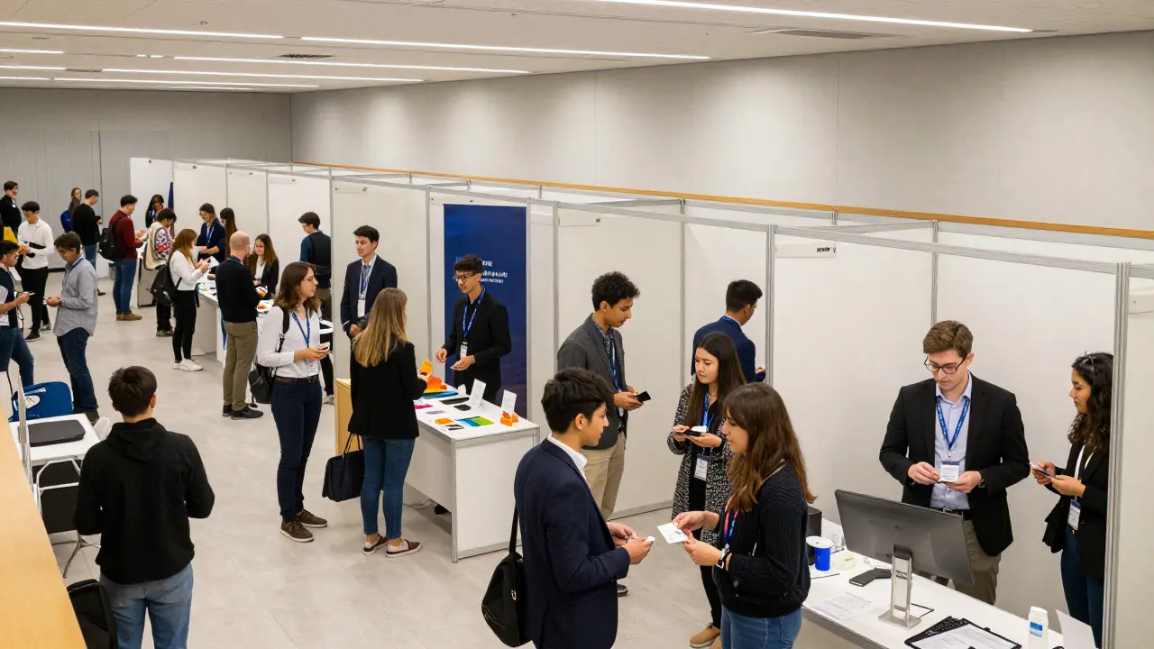 Lebendige Karrieremesse mit Studierenden und Arbeitgebern in einem großen Hörsaal der TU Wien.