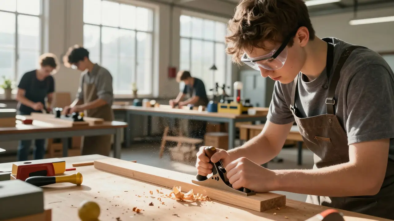 Schüler in der Werkstatt der Polytechnischen Schule bei der Holzverarbeitung