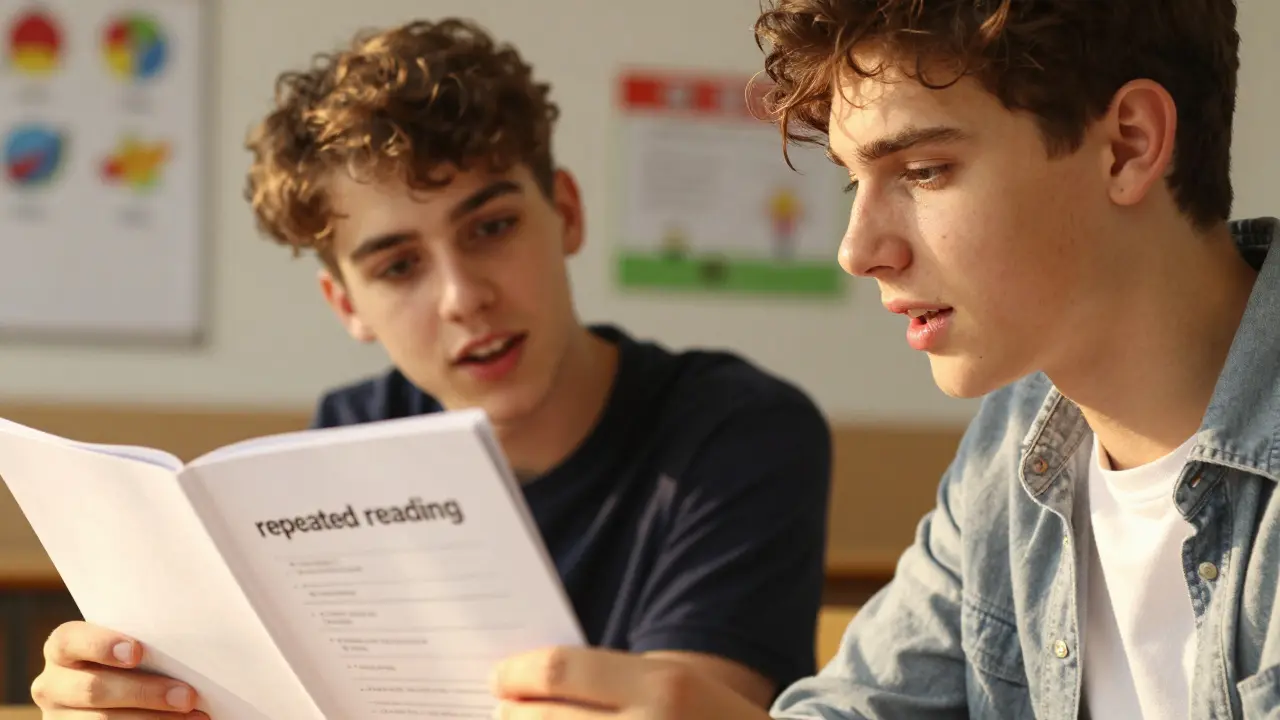 Schüler üben wiederholtes Lesen laut mit Partner zur Förderung der Leseflüssigkeit