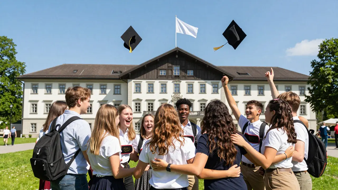 Schülergruppe feiert Matura-Erfolg vor Schule mit weißer Fahne