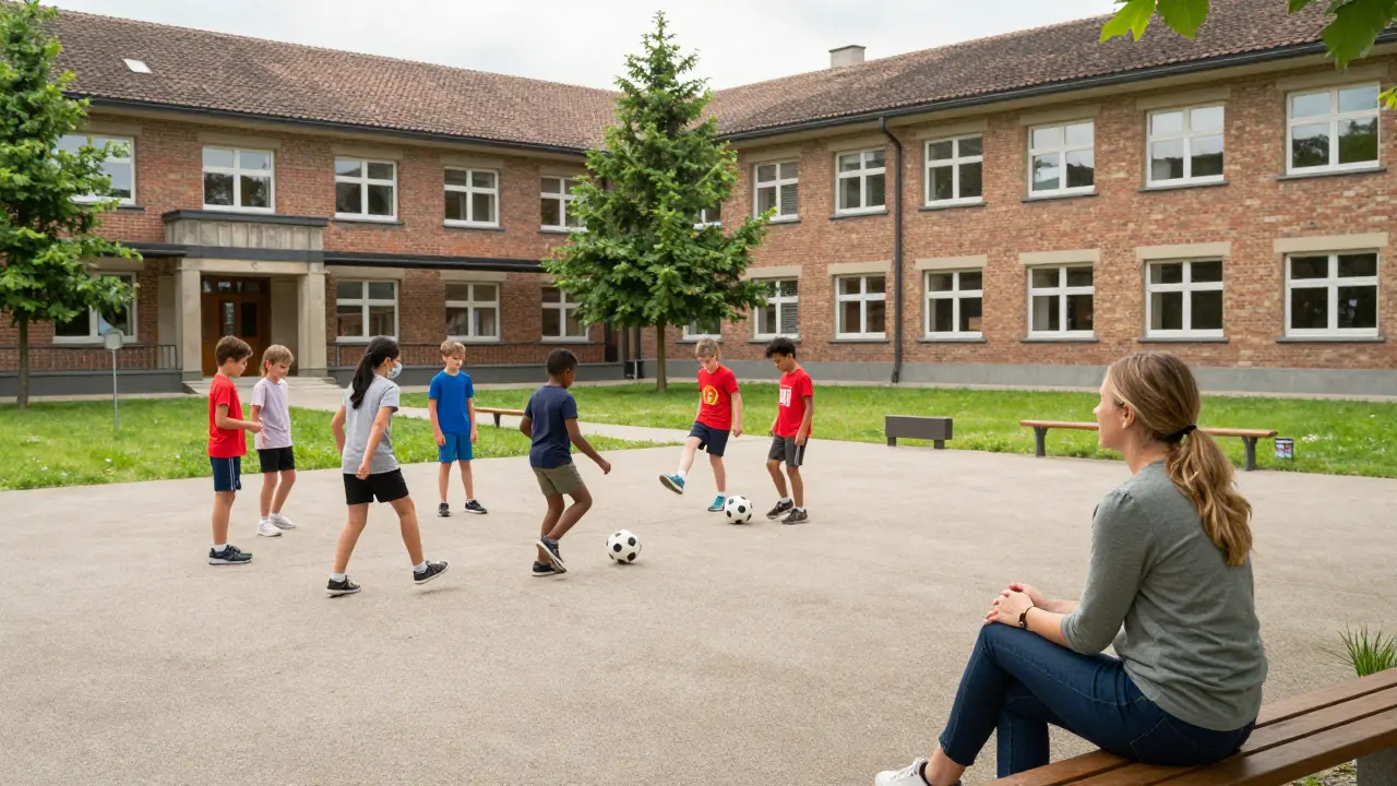 Schulhof mit spielenden Kindern und beratender Sozialarbeiter