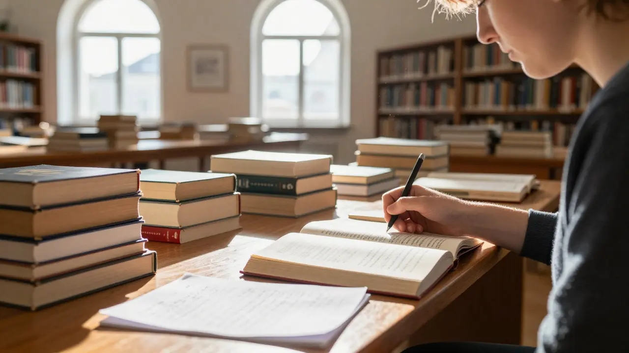 Student studiert Altgriechisch in einer sonnenbeschienenen Bibliothek