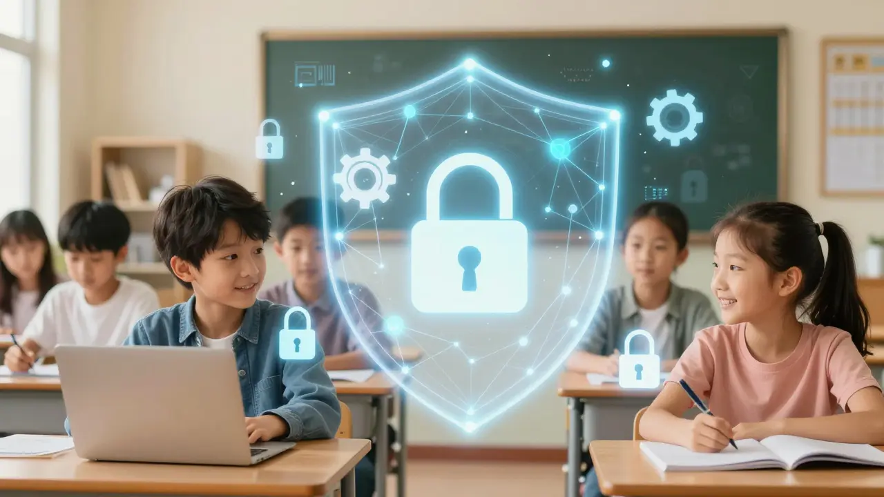 Students protected by digital shield in bright classroom