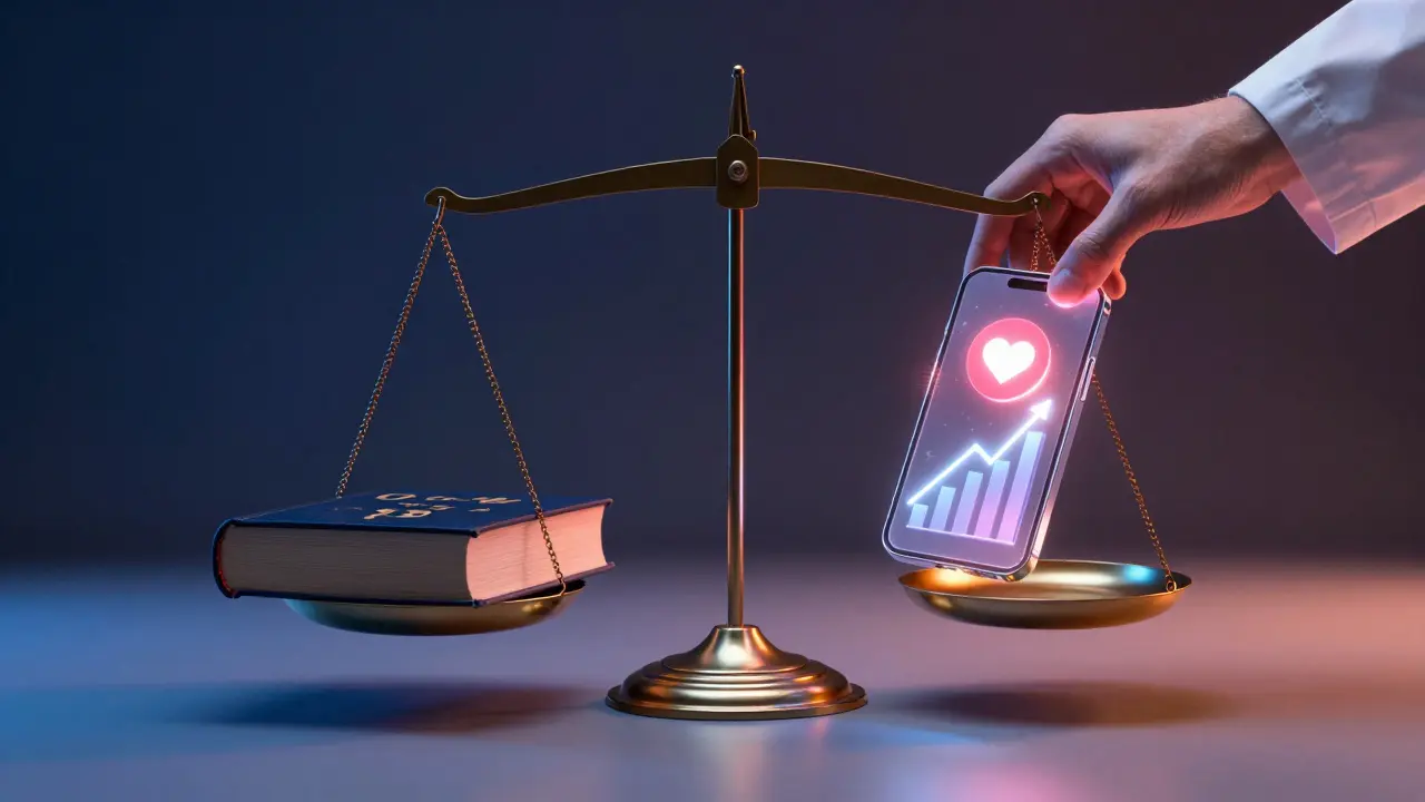 Symbolische Waage zwischen wissenschaftlicher Integrität und Social Media Reichweite