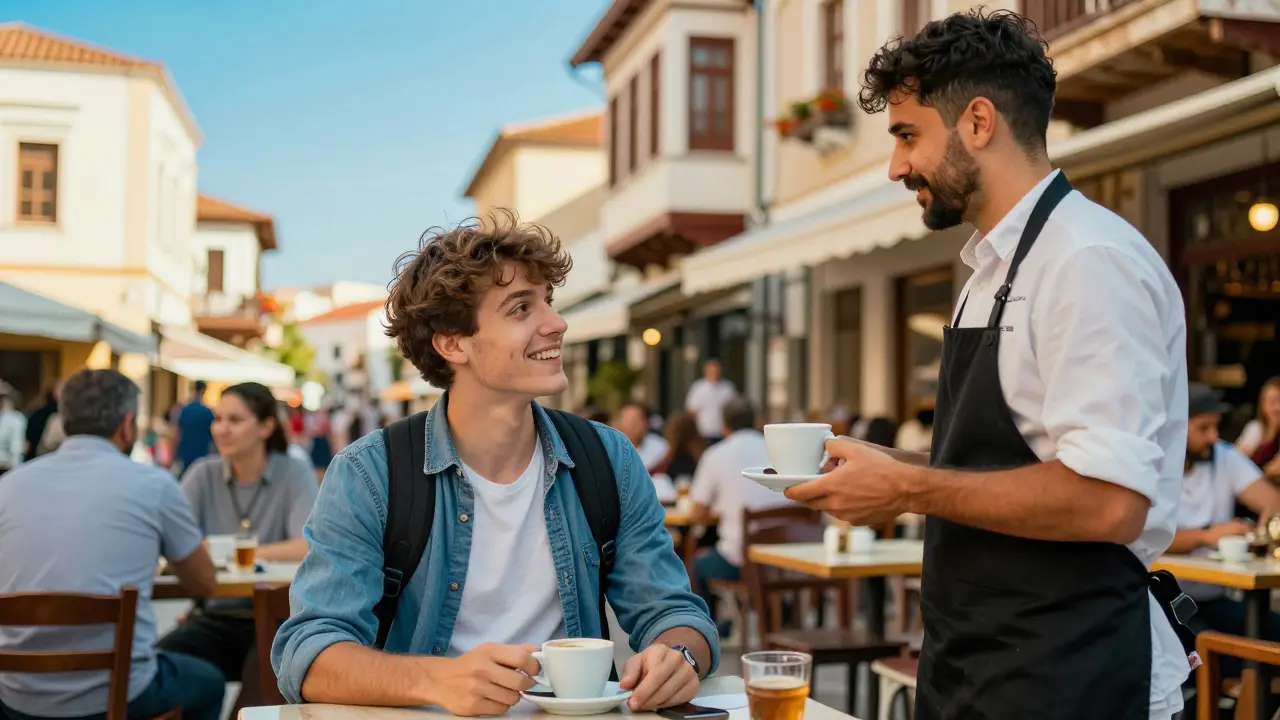 Tourist unterhält sich fröhlich mit Lokalem in einem griechischen Café
