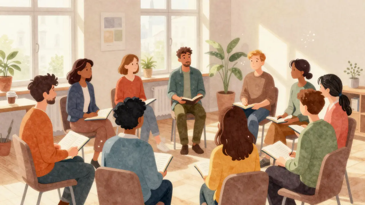 Vielfältige Gruppe beim Deutschkurs in einem Gemeinschaftsraum