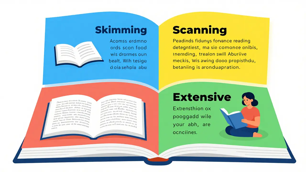Visuelle Darstellung der vier Lesestile: Skimming, Scanning, Intensiv, Extensiv