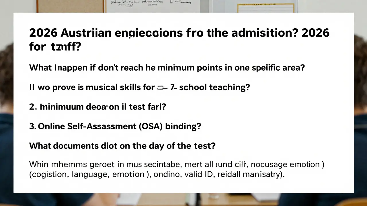 A clean, easy-to-read FAQ layout addressing key questions about the Austrian teacher training admission process. Each question is paired with a concise answer box. Topics include the consequences of failing to meet minimum points in one category (automatic failure regardless of other scores), the lack of musical requirements for secondary teaching, the possibility of retaking tests, the non-binding nature of the Online Self-Assessment (OSA), and the mandatory requirement of a valid official ID card for test entry. The design uses checkmarks and warning icons to highlight critical rules.