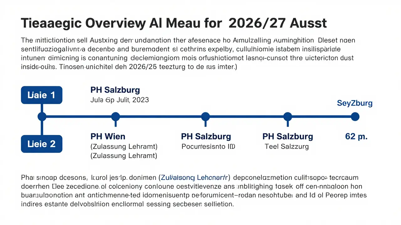 A timeline graphic mapping out the application and testing schedule for Austrian teacher training programs in 2026. It features key milestones such as the start of applications at PH Wien in January 2026, the specific aptitude assessment dates at PH Salzburg (July 6 and September 3, 2026), and the booking window for the central Modul B test. Arrows indicate the flow from online self-assessment to registration and finally to the exam day. Prominent reminders emphasize the need for early portal registration due to limited capacity and the strict deadline for submitting documents like a valid passport.