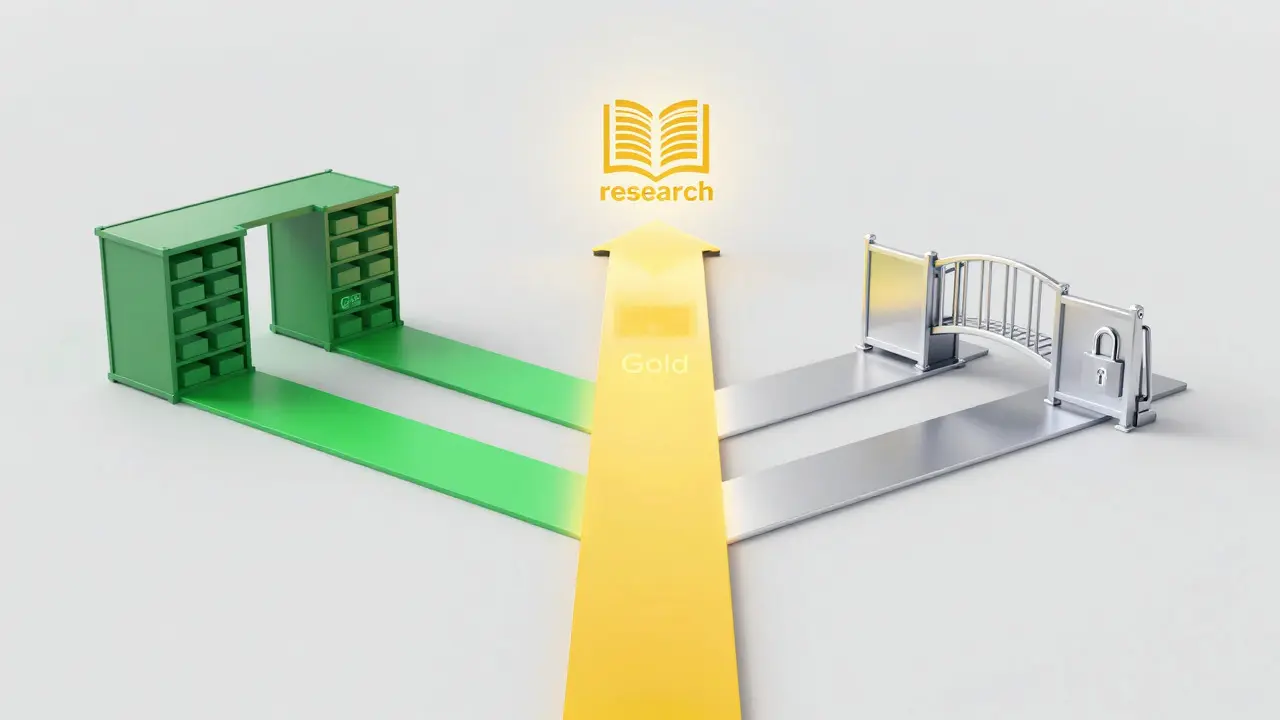 Abstrakte Darstellung der drei Wege zum Open Access: Gold, Grün und Hybrid