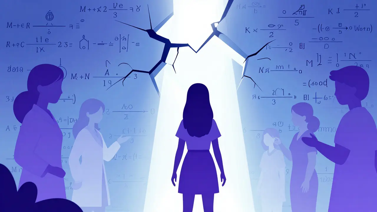 Abstrakte Darstellung eines Mädchens, das mathematische Barrieren überwindet