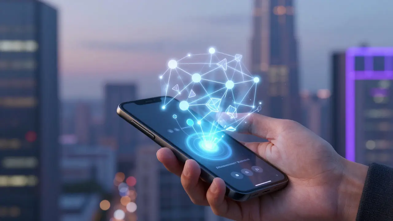 Abstrakte Darstellung von KI-unterstütztem Sprachlernen auf Smartphone