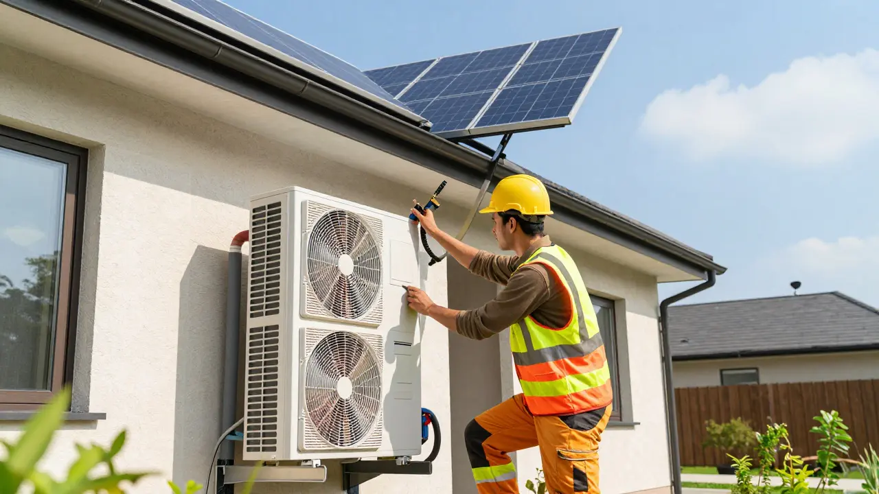 Elektroniker installiert eine Wärmepumpe an einem energieeffizienten Haus.