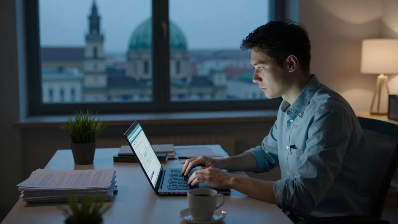 Forscher arbeitet konzentriert am Laptop vor einem Wiener Fensterblick