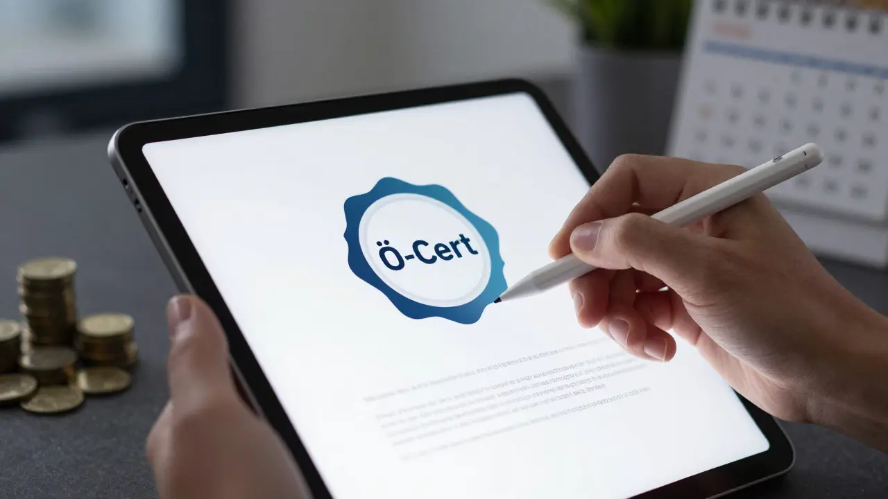 Hand mit Tablet zeigt ein Zertifikat mit Ö-Cert-Siegel und Symbolen für Förderung.