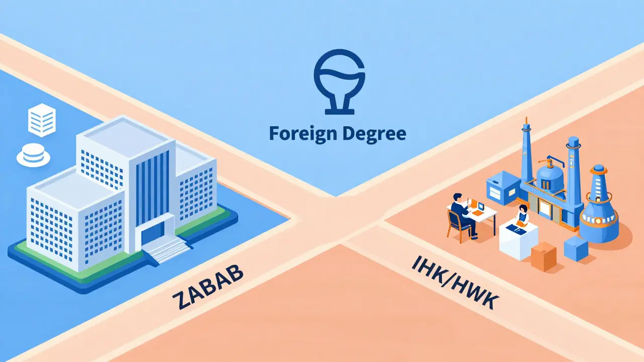 Illustration of two paths: one for academic degrees (ZAB) and one for vocational training (IHK).