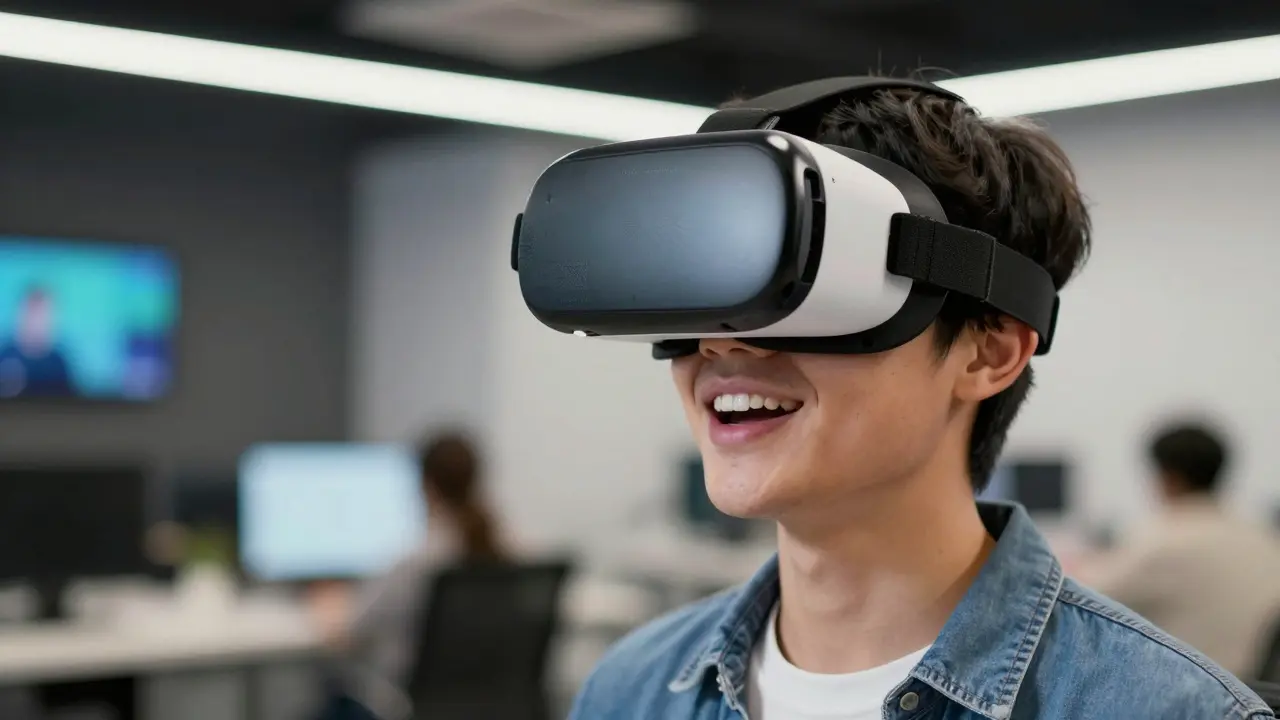Jugendlicher nutzt VR-Brille zur Berufserkundung