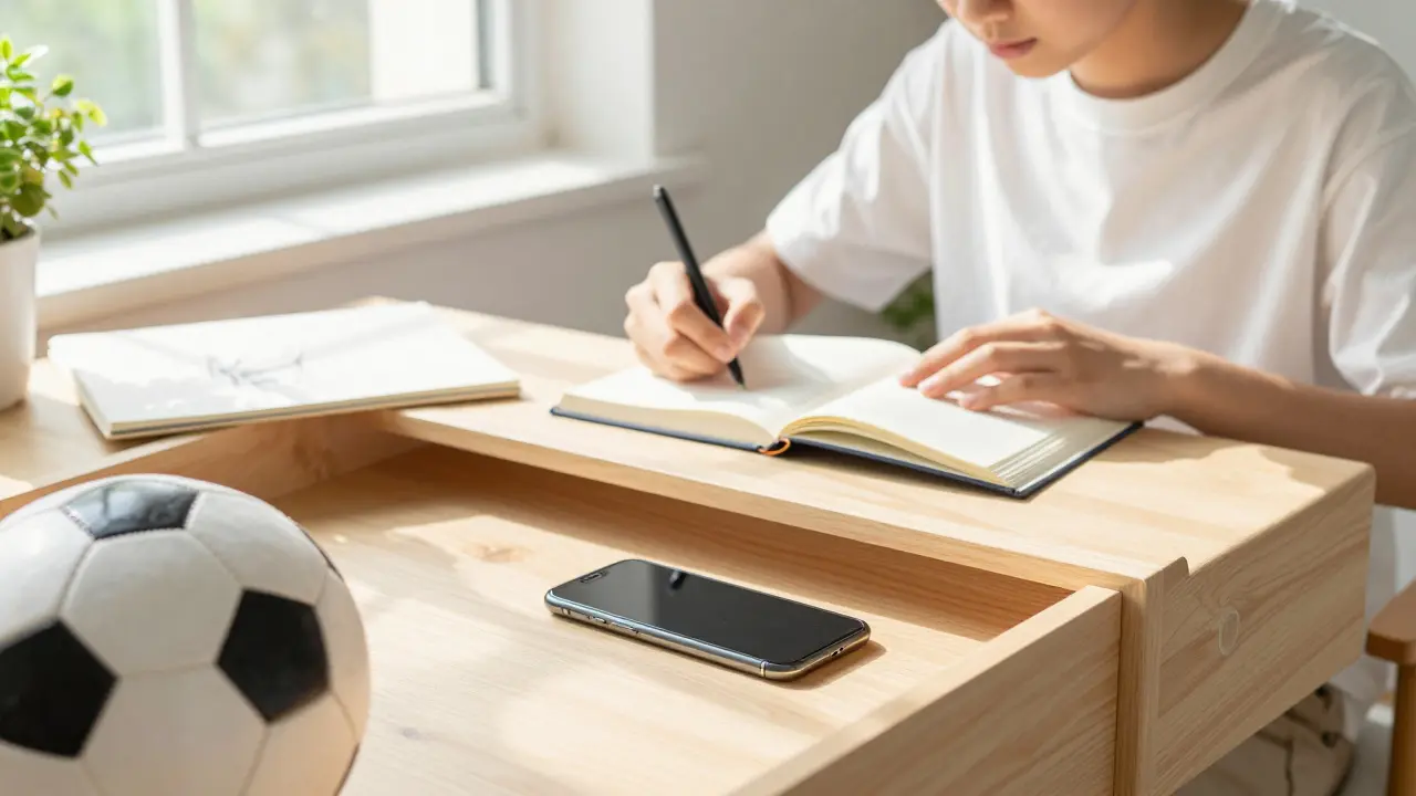 Konzentriertes Lernen ohne Handy im Sichtfeld, ruhige Studienatmosphäre