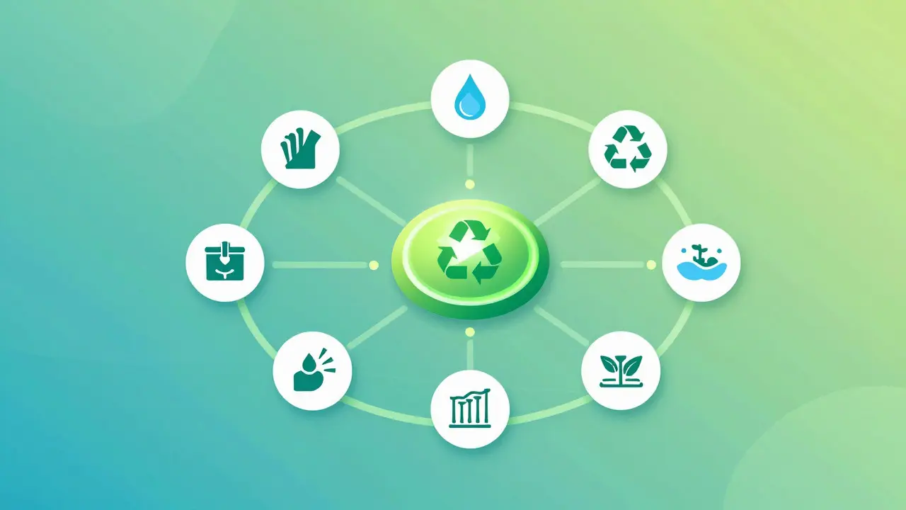 Konzeptuelle Illustration der Kreislaufwirtschaft mit Recycling-Symbolen und grünem Hintergrund.