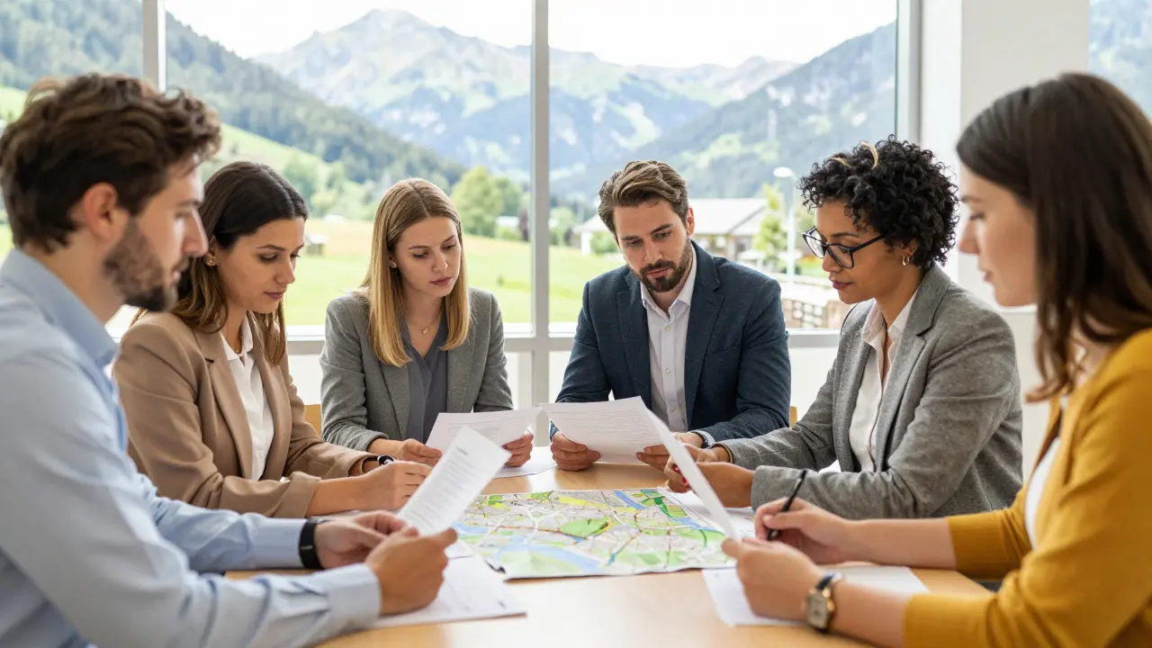 Krisenteam bespricht Maßnahmen in einem hellen Besprechungsraum