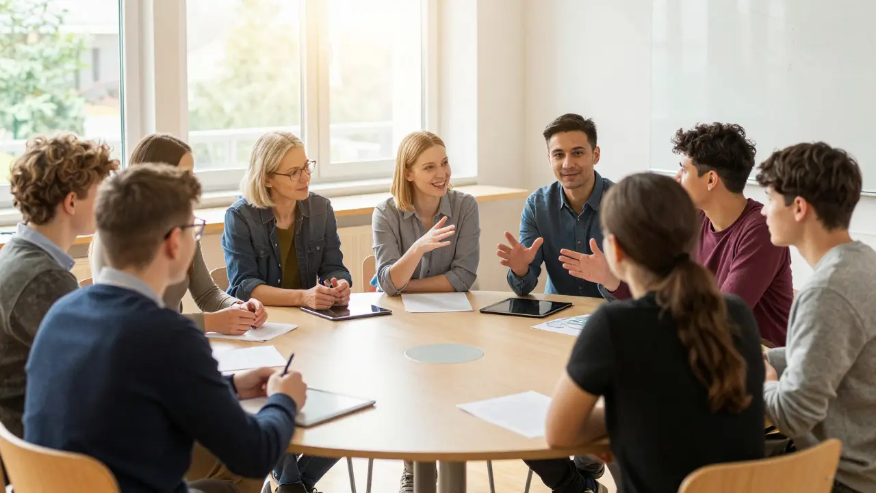 Lehrkräfte, Eltern und Schüler diskutieren gemeinsam in einem hellen Konferenzraum.