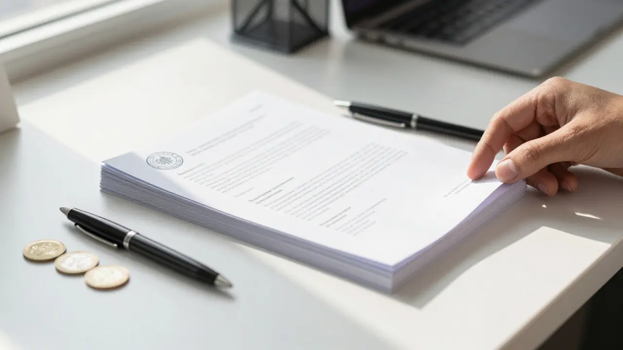 Organized desk with translated documents, coins, and a pen, showing recognition process steps.