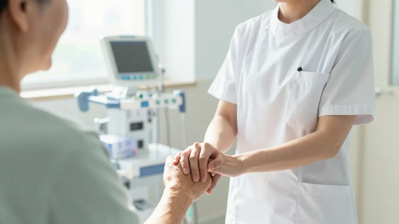 Pflegefachkraft hält einfühlsam die Hand einer älteren Patientin im Krankenhaus.