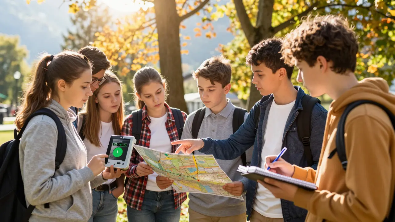 Schüler sammeln im Freien Umweltdaten für ein Schulprojekt mit Tablet