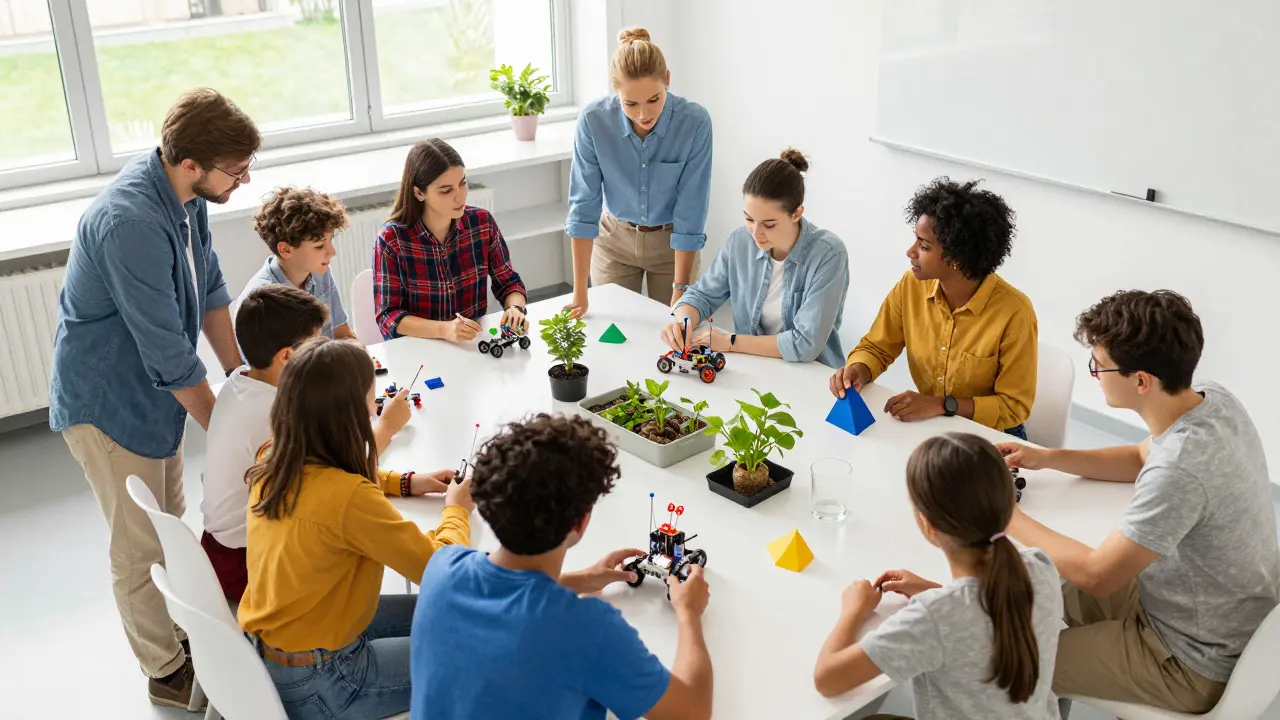 Schüler und Lehrer bei praktischen MINT-Projekten im Klassenzimmer