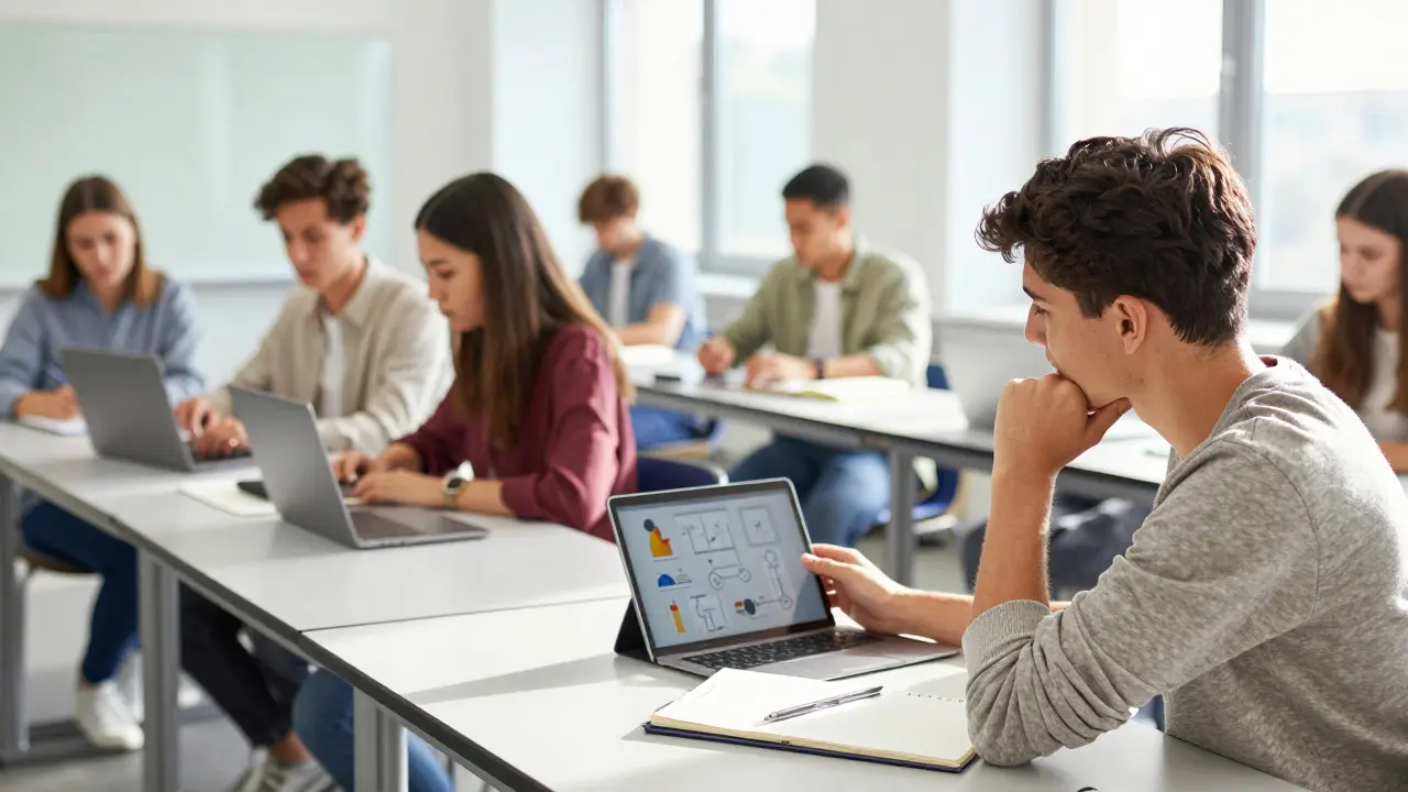 Studierende diskutieren Lehrmethoden in einem modernen Hörsaal