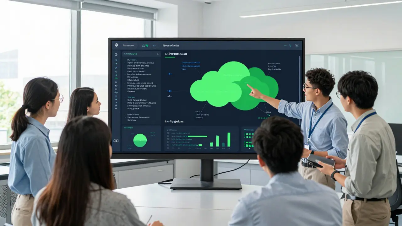 Team analysiert Social-Media-KPIs und Engagement-Daten auf einem Dashboard