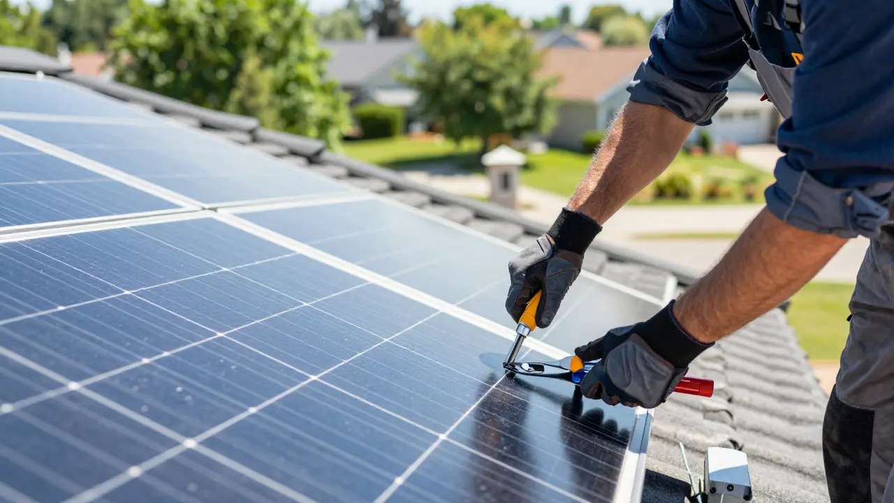 Techniker installiert Solarpaneele auf einem modernen Hausdach bei Sonnenlicht.