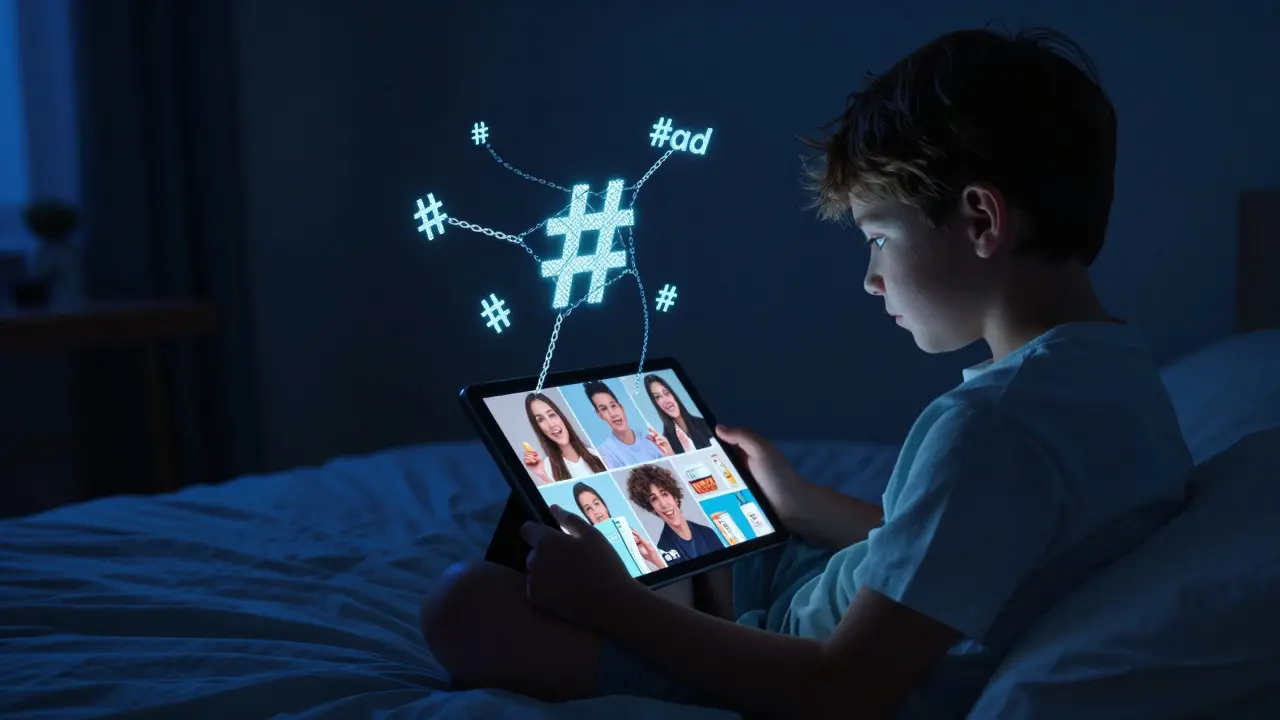 Teenager vor Tablet mit Symbolen für versteckte Influencer-Werbung