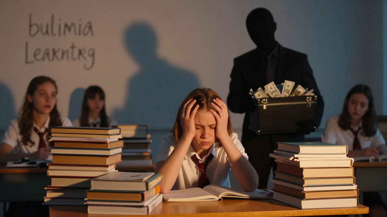 Überschwemmter Schüler mit Büchern symbolisiert Lernstress und Nachhilfedruck.