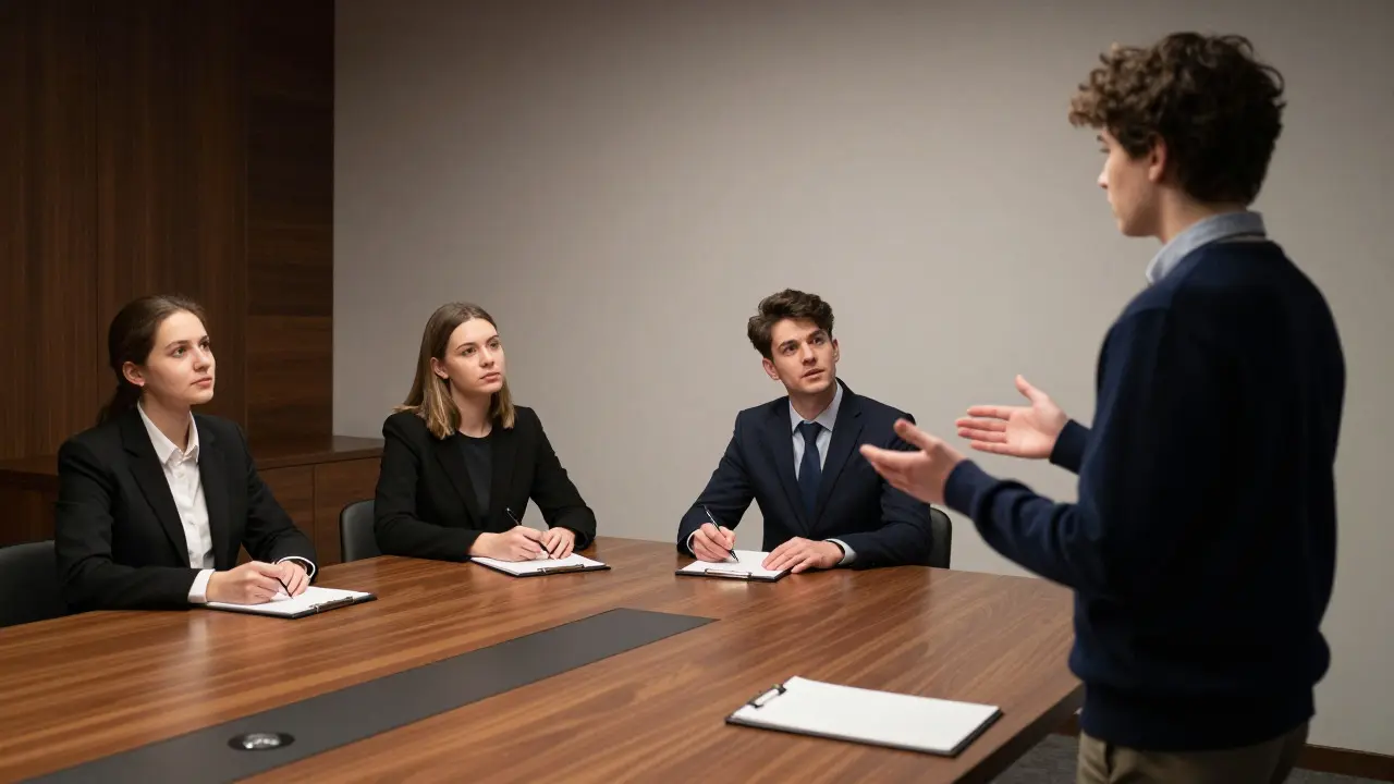 Candidate presenting an oral exam to a panel of three teachers in a formal room