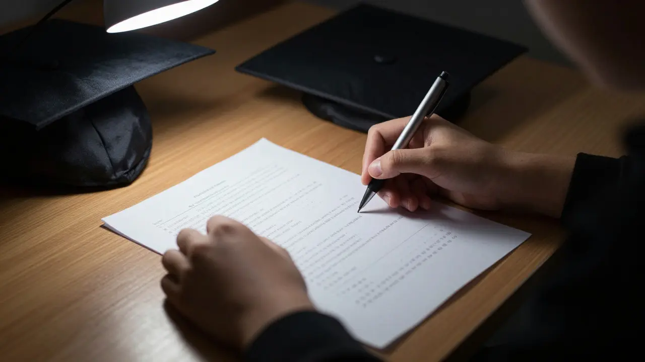 Close-up of hands writing an exam under dramatic lighting