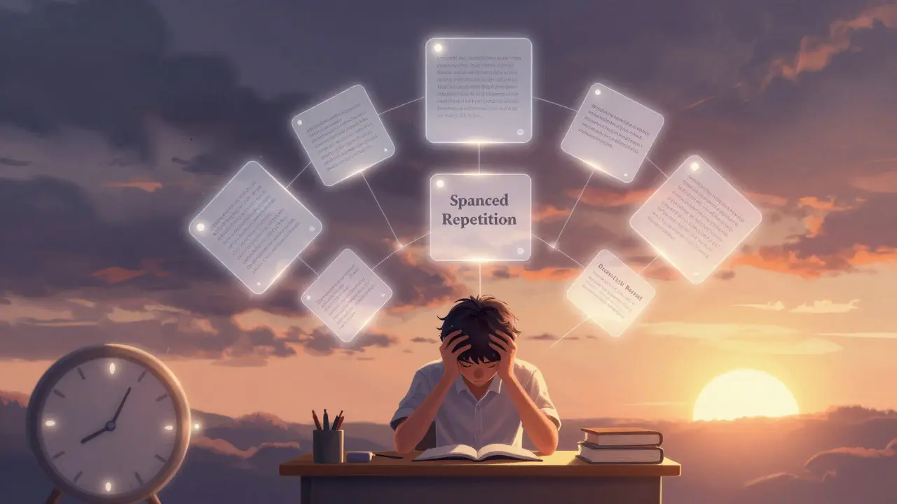 Conceptual art of a student studying with abstract shapes representing learning methods