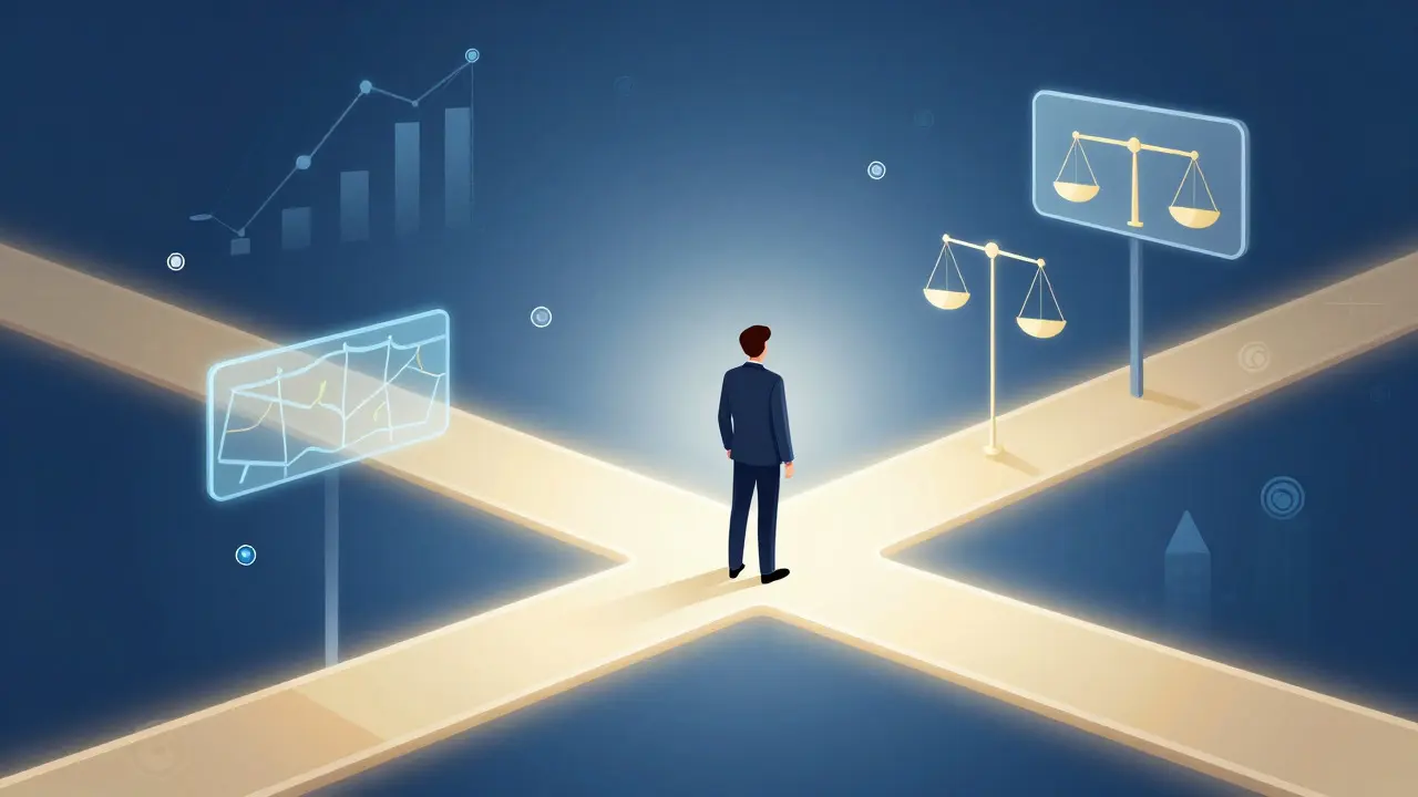 Educator standing at a crossroads illuminated by abstract data points and light