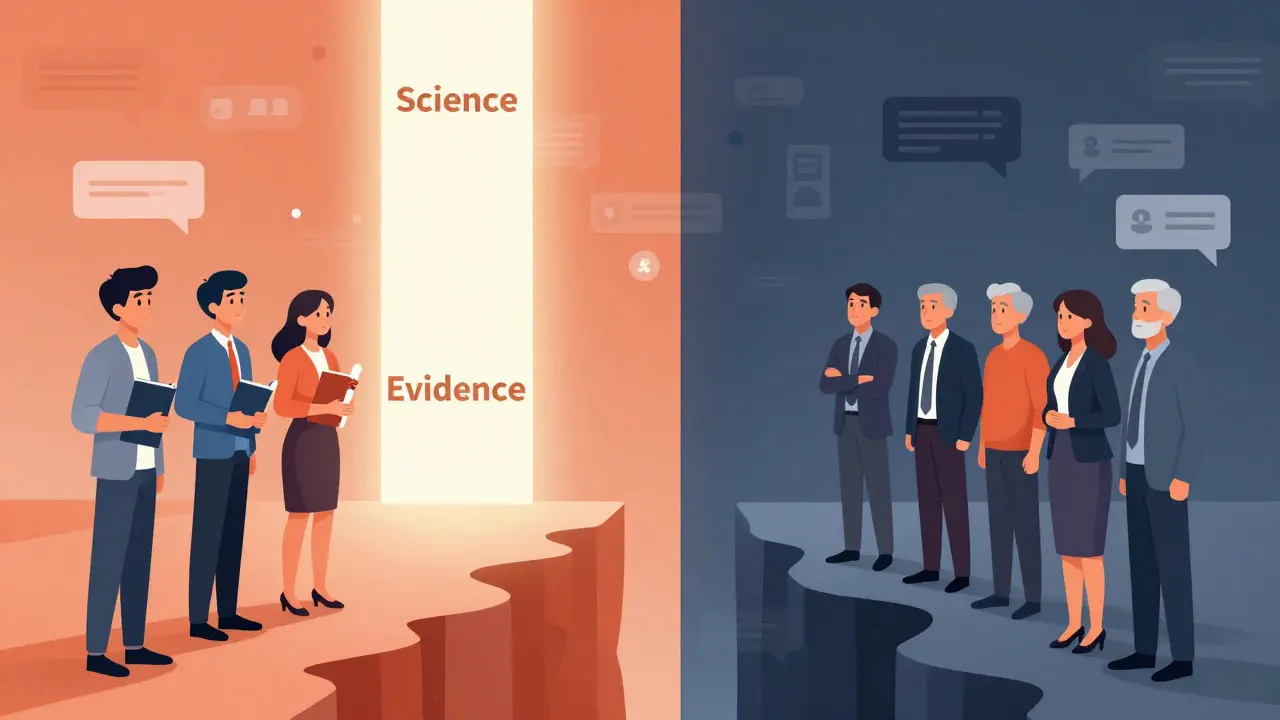 Illustration der Polarisierung: Zwei Gruppen getrennt durch einen Riss, unterschiedliches Vertrauen