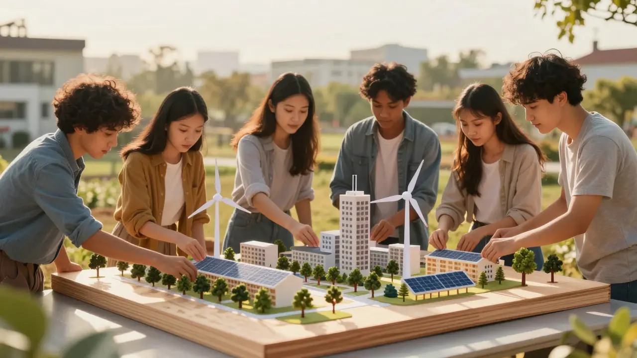 Jugendliche bauen ein Modell einer nachhaltigen Schullandschaft mit erneuerbaren Energien.