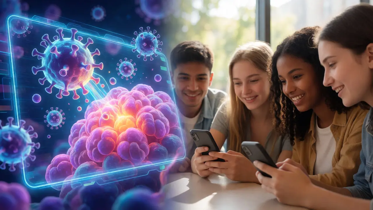 Junge Menschen schauen Wissenschaftsvideos auf Smartphones