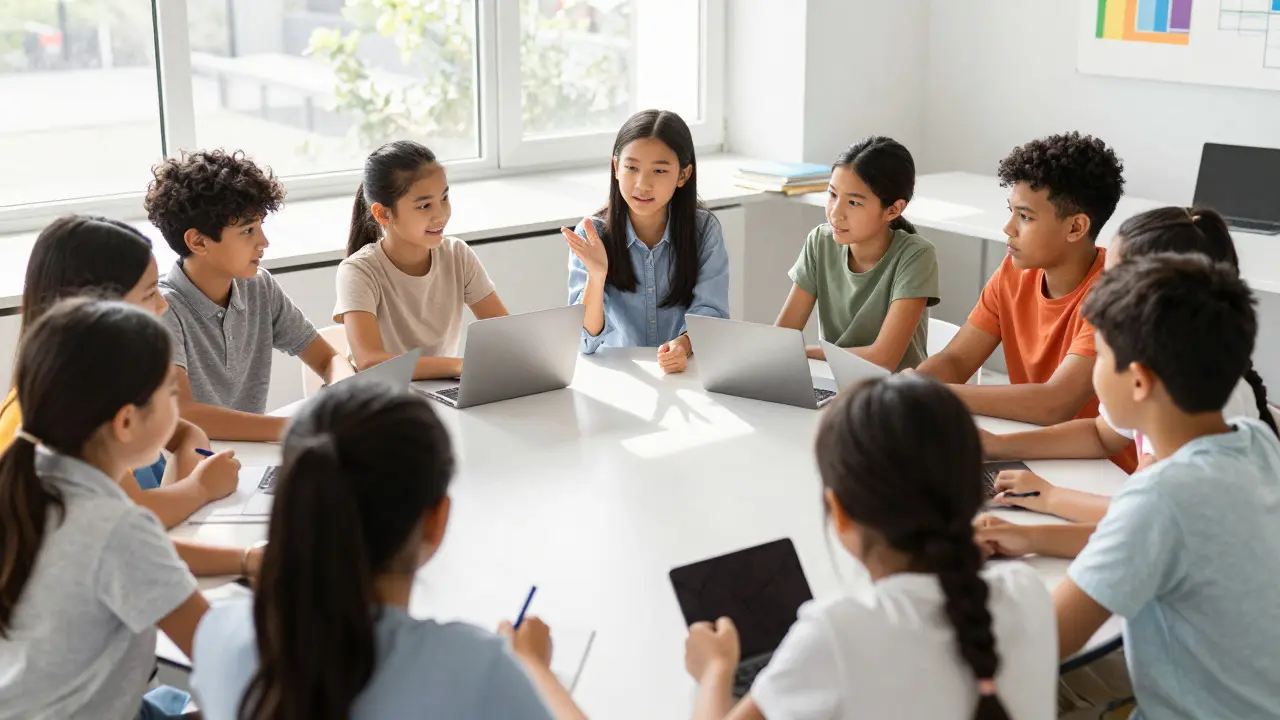 Kinder diskutieren in einem hellen Klassenzimmer über digitale Themen und ihre Rechte.