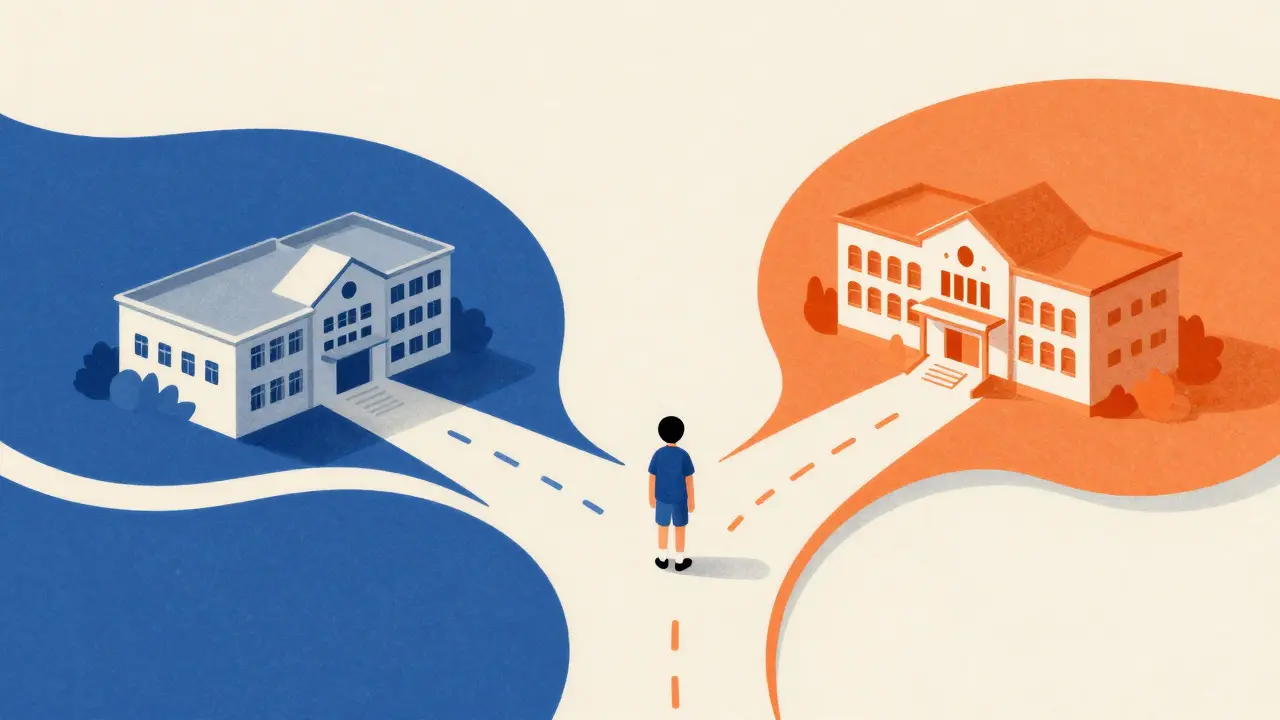 Konzeptionelle Illustration eines Kindes an einer Kreuzung zwischen spezialisierten und regulären Schulwegen.