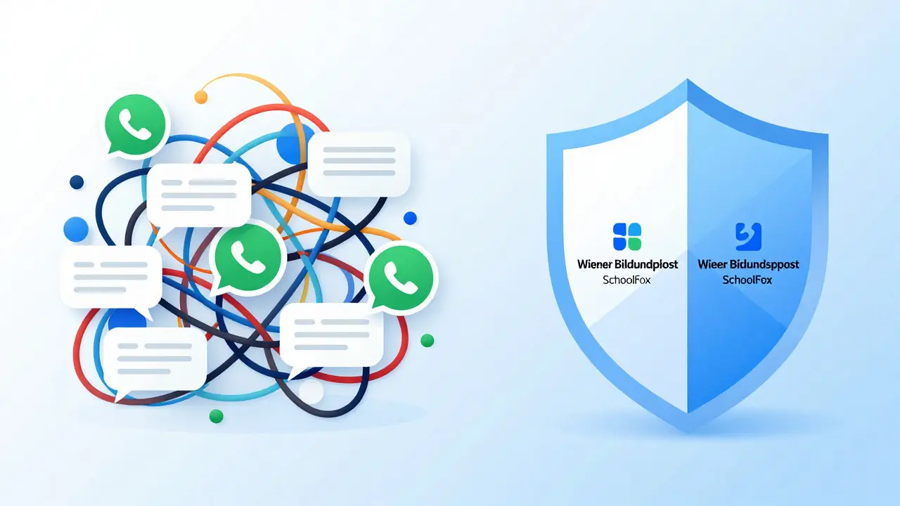 Konzeptkunst: Chaos von WhatsApp vs. strukturierte Schul-Apps