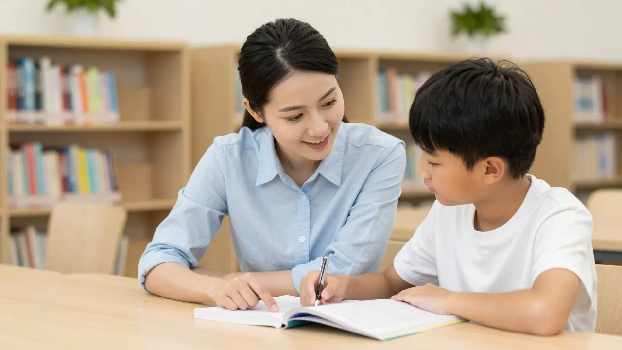 Lehrer unterstützt Schüler beim Lernen in einer Bibliothek
