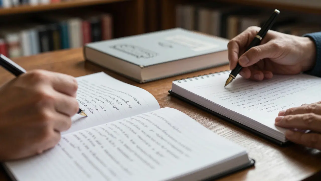 Notizbücher mit deutschen und englischen Notizen auf einem Schreibtisch