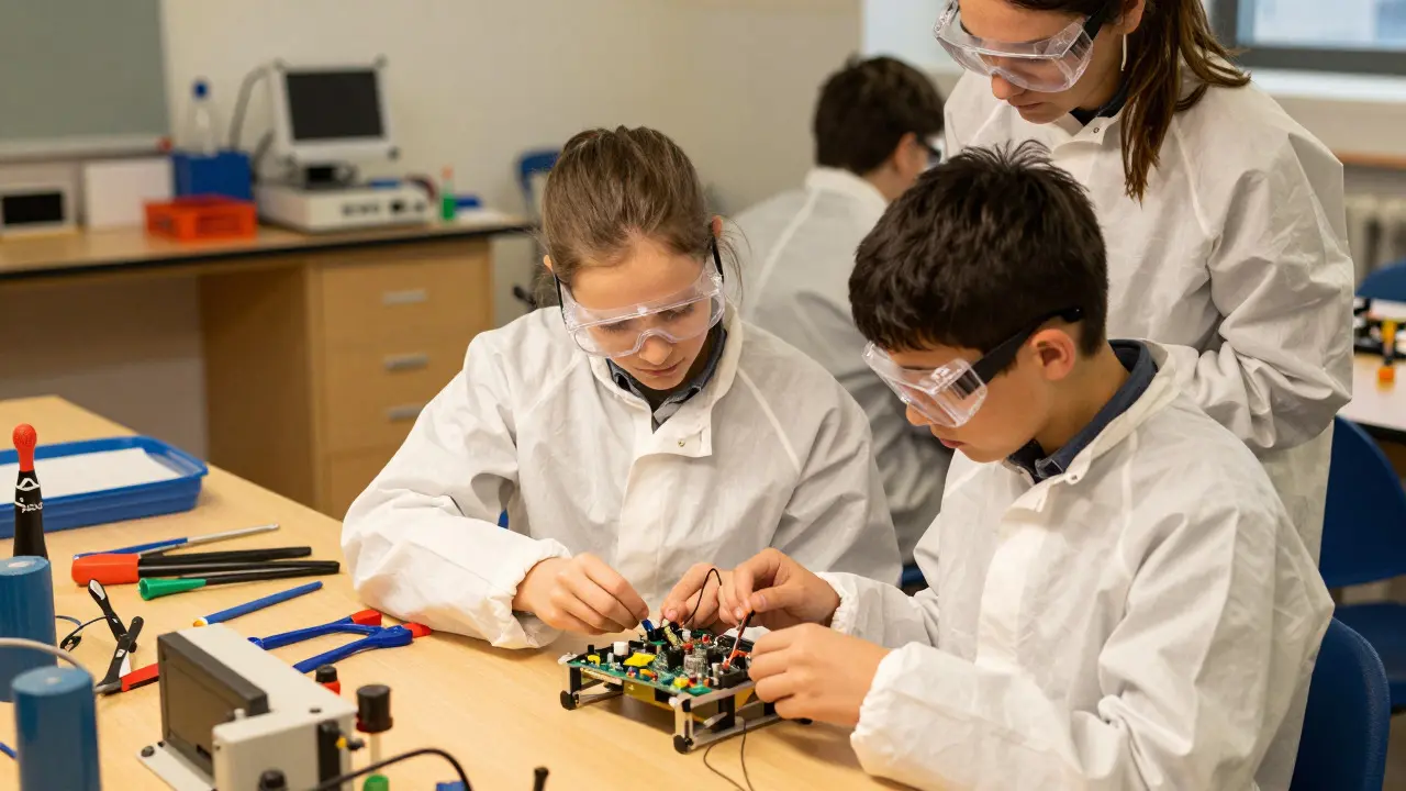 Schüler arbeiten praktisch in einer Werkstatt oder im Labor einer Berufsschule