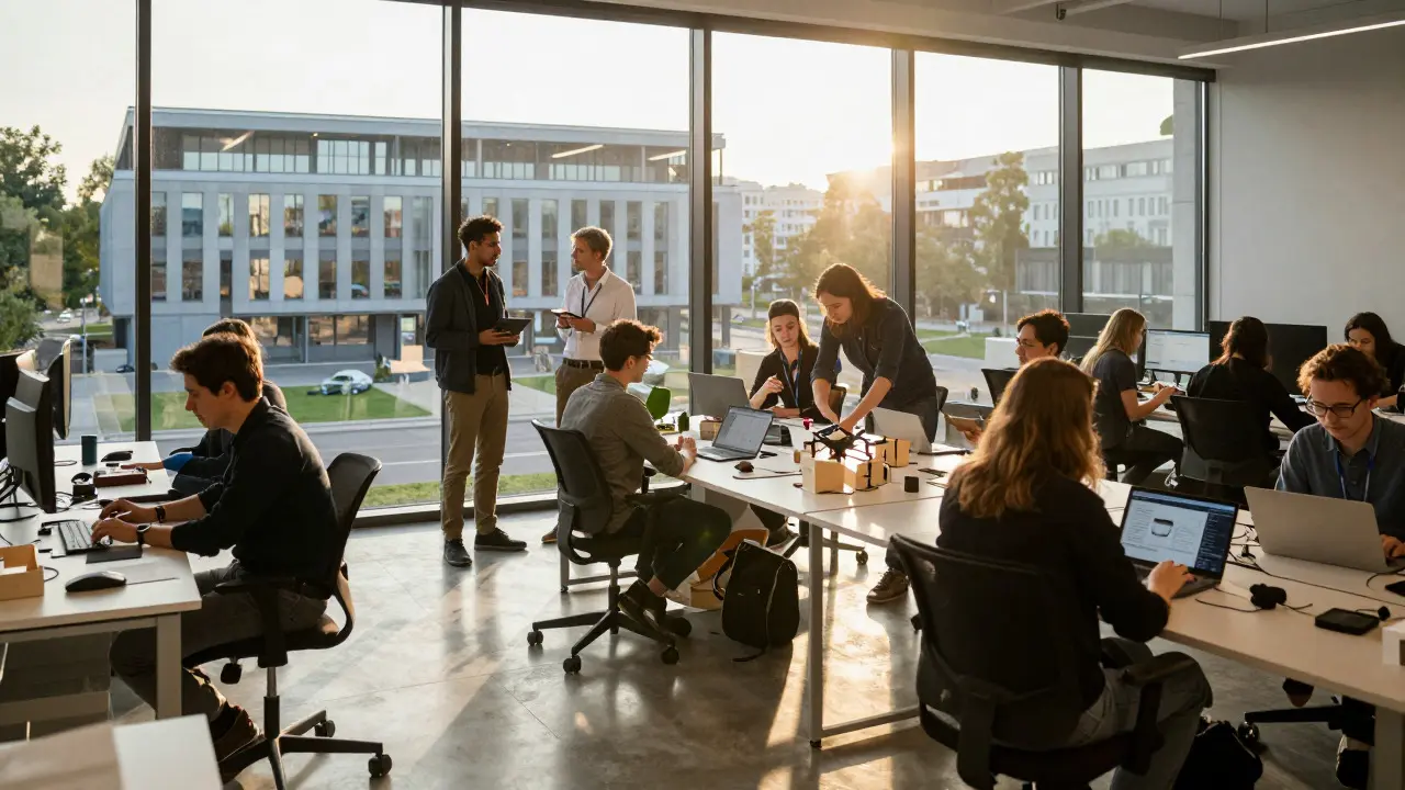 Startups arbeiten in einem hellen Inkubatorraum mit Blick auf ein Universitätsgebäude