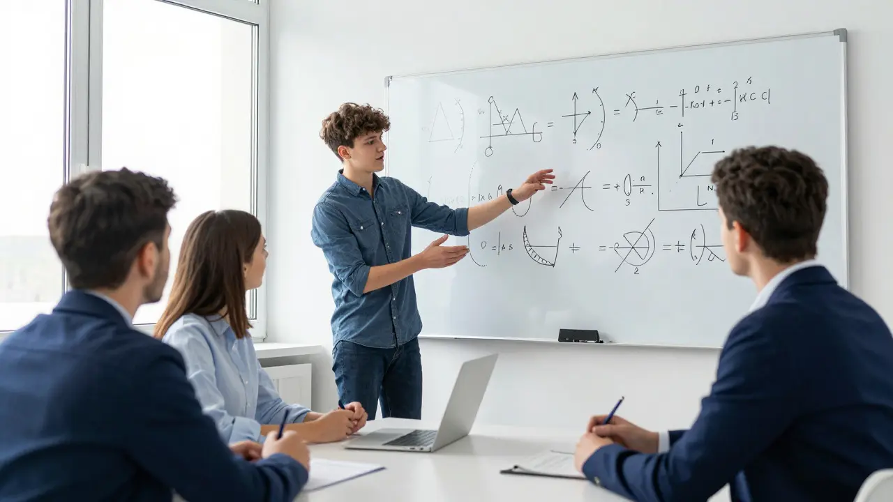 Student presenting math solutions to examiners in an oral test setting