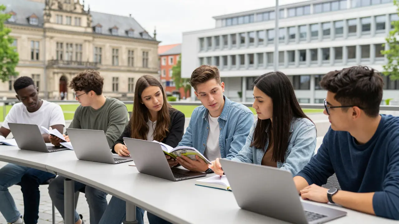 Studenten diskutieren auf dem Campus einer deutschen Universität